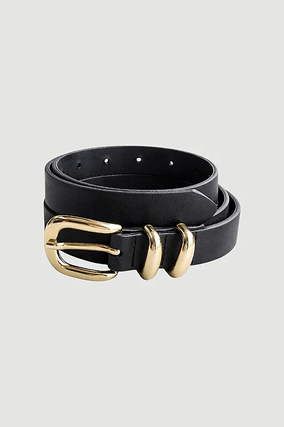 Faux Leather Belt with Oval Buckle and Metal Bridge Detail - Black - Gusto