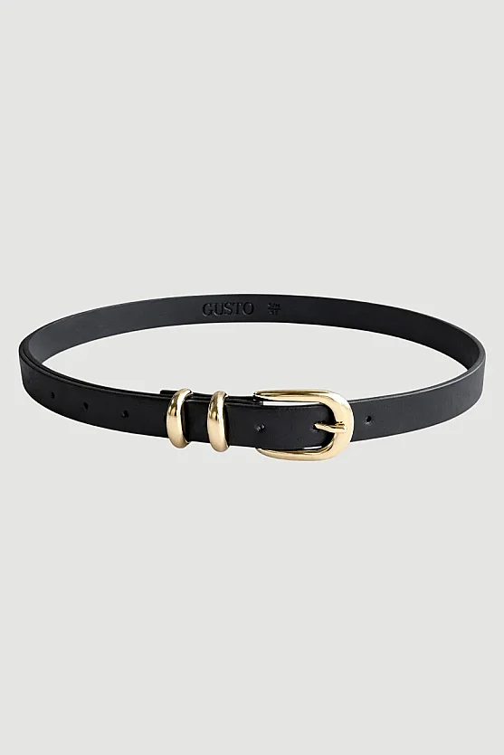 Faux Leather Belt with Oval Buckle and Metal Bridge Detail - Black - Gusto