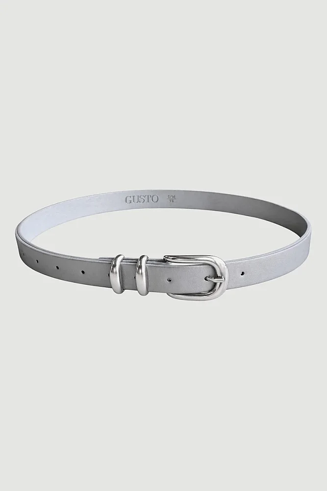 Faux Leather Belt with Oval Buckle and Metal Bridge Detail - Grey