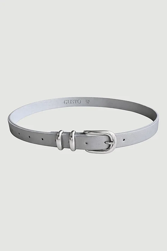 Faux Leather Belt with Oval Buckle and Metal Bridge Detail - Grey - 1