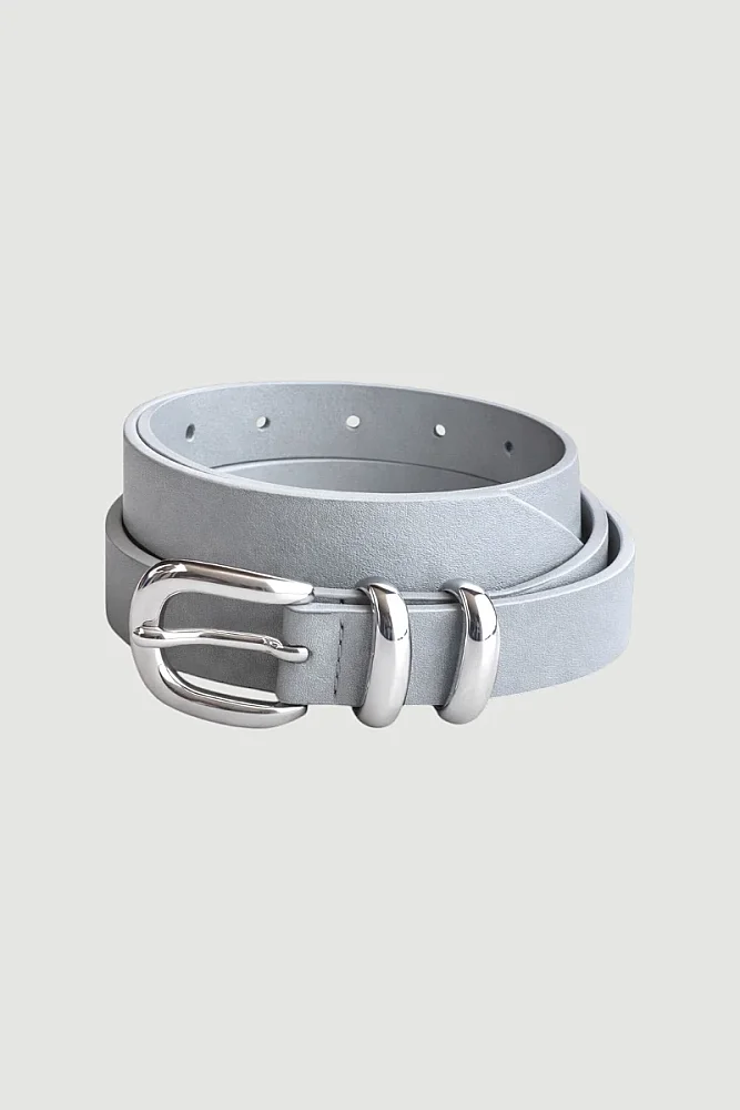 Faux Leather Belt with Oval Buckle and Metal Bridge Detail - Grey - Gusto (1)