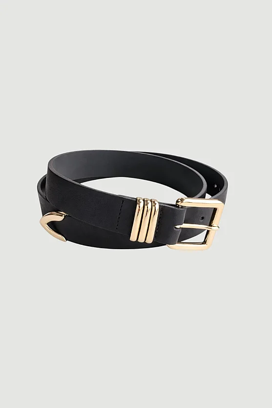Faux Leather Belt with Square Buckle - Black - Gusto