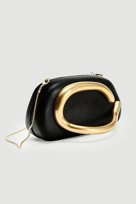 Faux Leather Clutch Bag with Metal Hardware - Black - Gusto