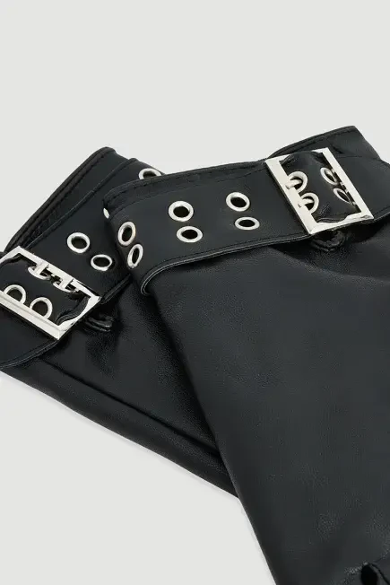 Faux Leather Gloves with Belt Detail - Black - Gusto (1)