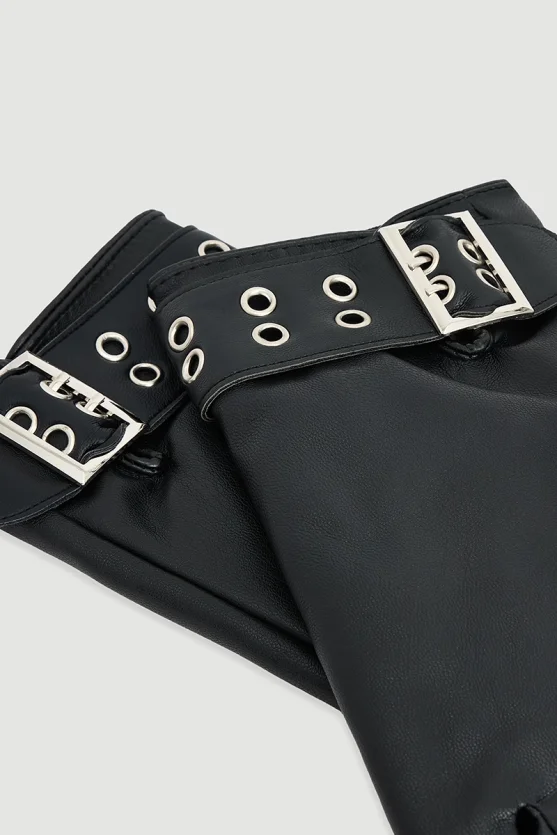 Faux Leather Gloves with Belt Detail - Black - Gusto