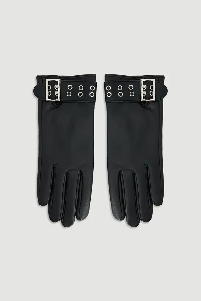 Faux Leather Gloves with Belt Detail - Black Black