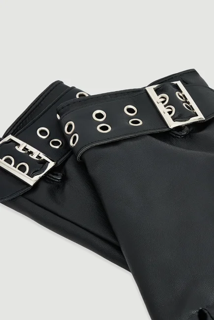 Faux Leather Gloves with Belt Detail Black - Gusto (1)