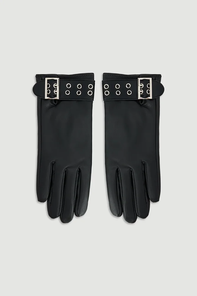 Faux Leather Gloves with Belt Detail Black Black