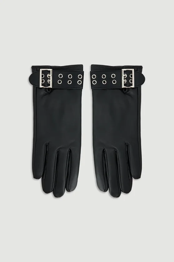 Faux Leather Gloves with Belt Detail Black - 1