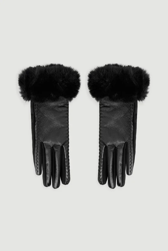 Faux Leather Gloves with Fur Stitch Detail - Black - Gusto