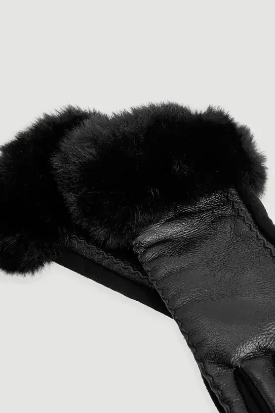 Faux Leather Gloves with Fur Stitch Detail - Black - Gusto