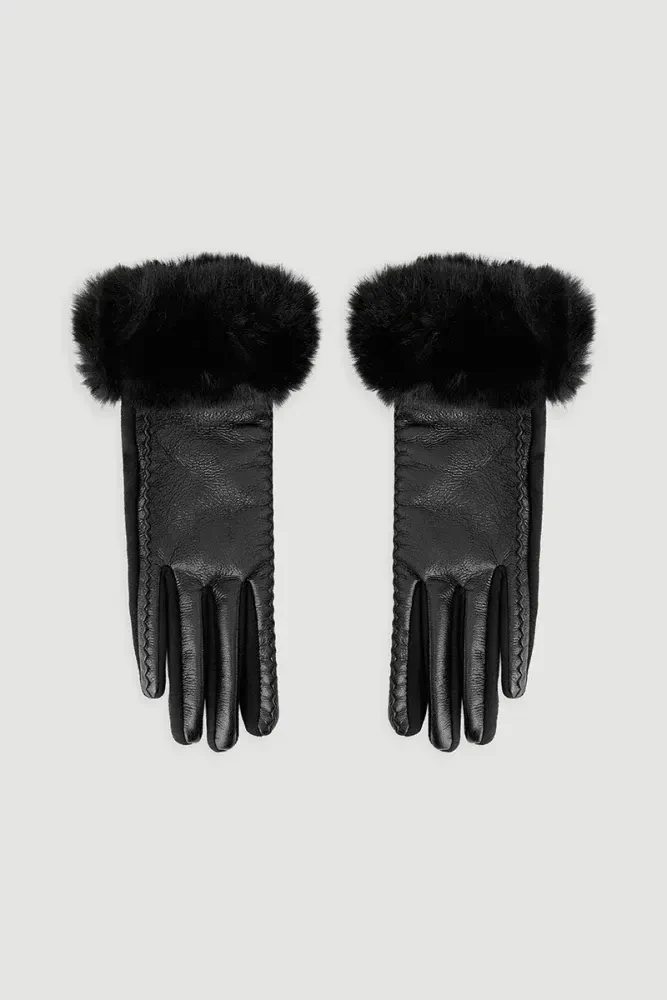 Faux Leather Gloves with Fur Stitch Detail - Black Black