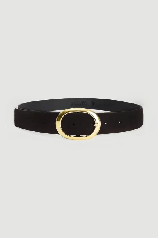 Faux Suede Belt with Gold Oval Buckle - Brown - Gusto