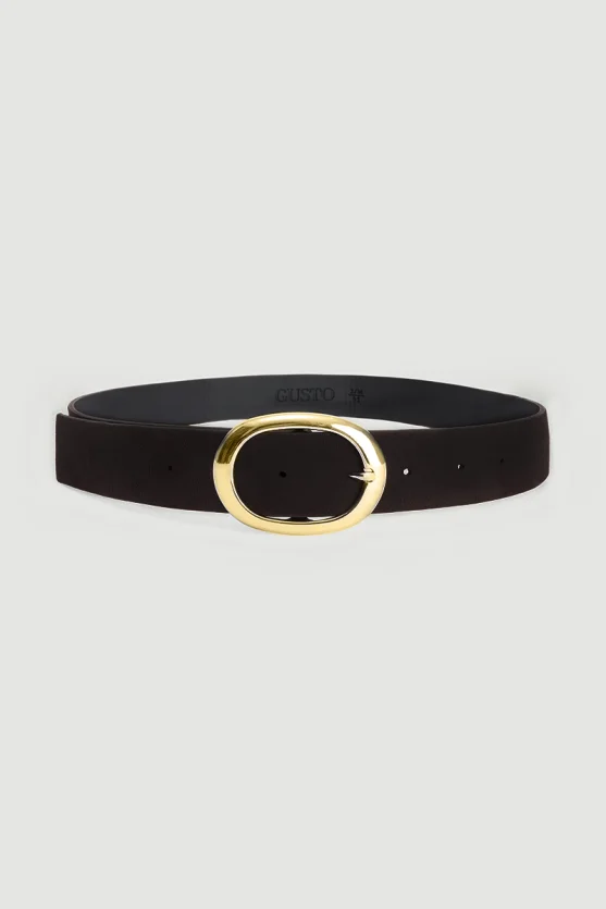 Faux Suede Belt with Gold Oval Buckle Brown - 1