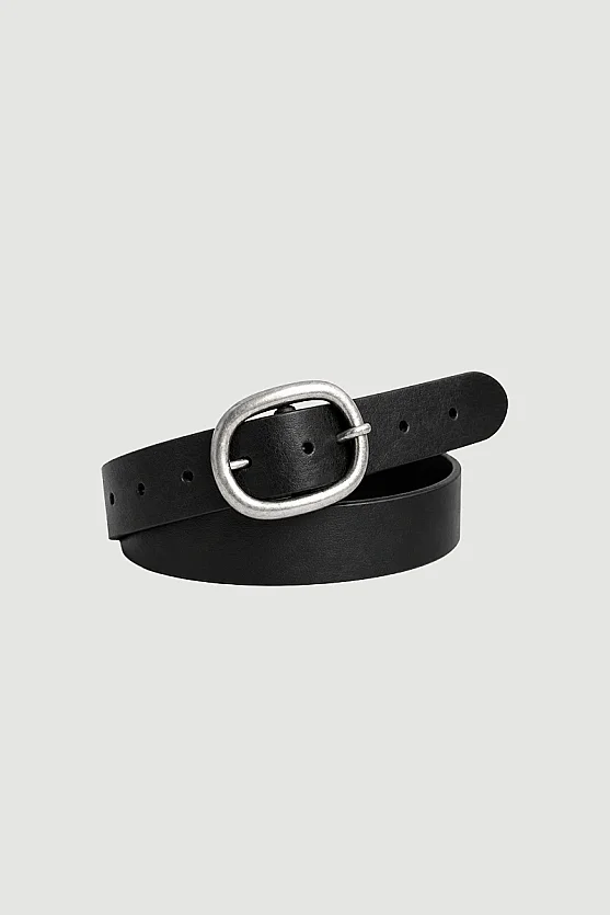 Faux Suede Belt with Oval Buckle - Black - Gusto