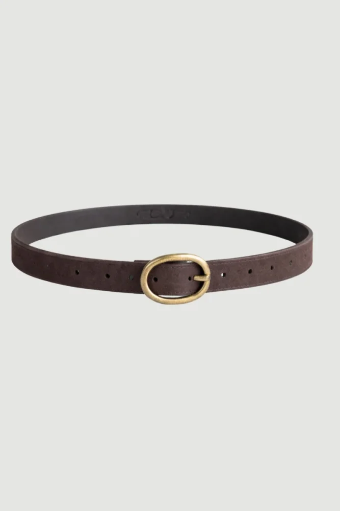 Faux Suede Belt with Oval Buckle - Brown Brown
