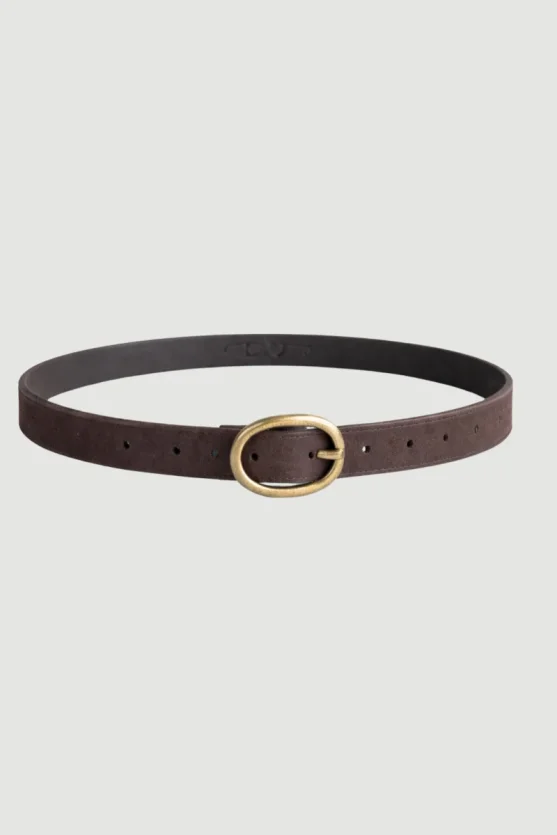 Faux Suede Belt with Oval Buckle - Brown - Gusto
