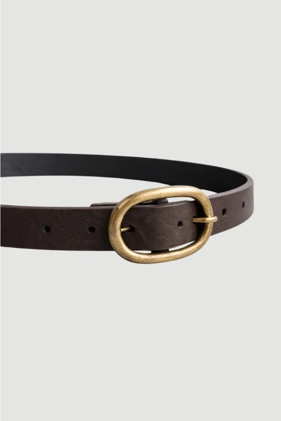 Faux Suede Belt with Oval Buckle - Brown - Gusto