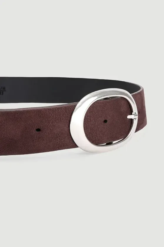 Faux Suede Belt with Silver Buckle - Brown - Gusto