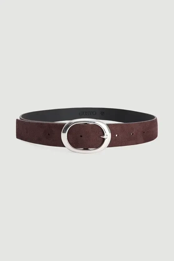 Faux Suede Belt with Silver Buckle - Brown - 1