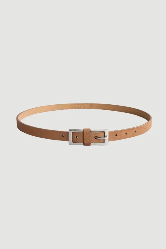 Faux Suede Belt with Silver Buckle - Brown - Gusto