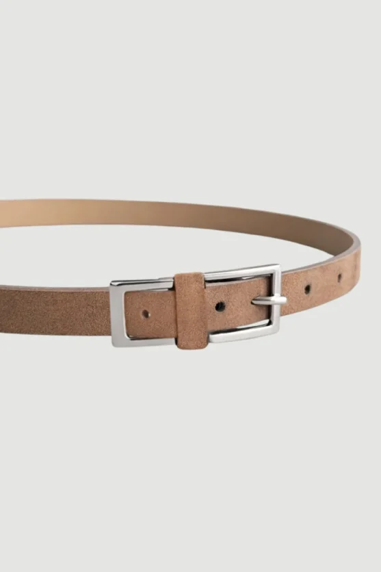 Faux Suede Belt with Silver Buckle - Brown - Gusto