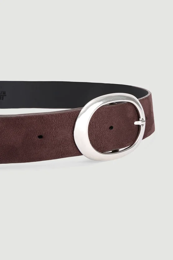 Faux Suede Belt with Silver Buckle Brown - 3