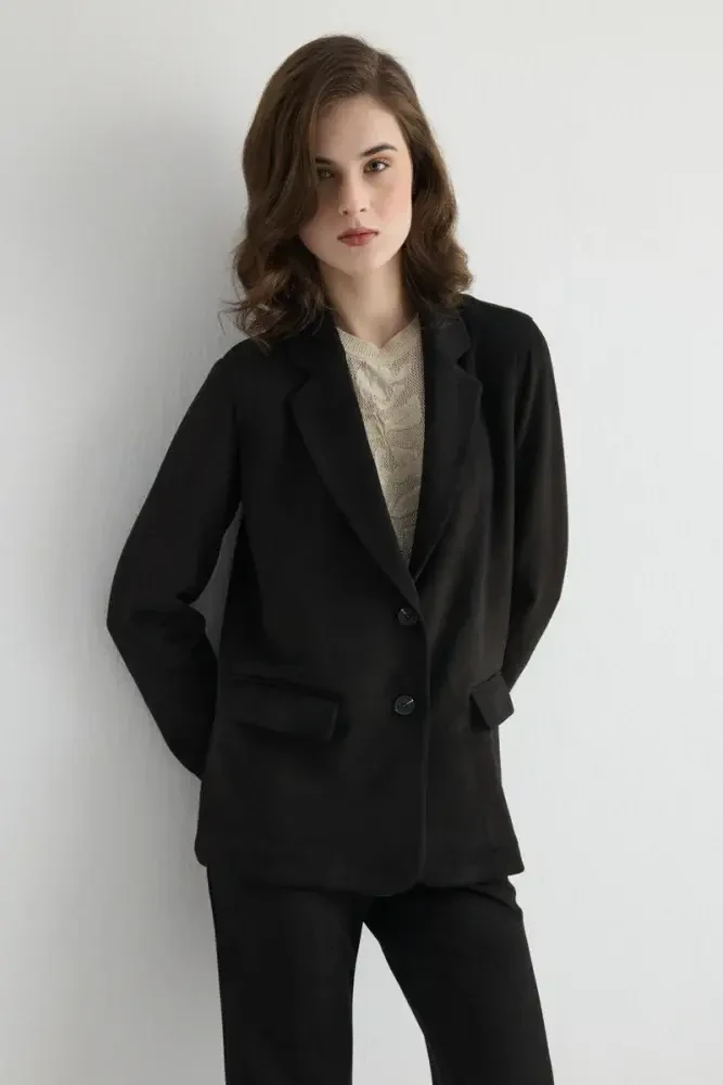 Faux Suede Blazer Jacket - Black