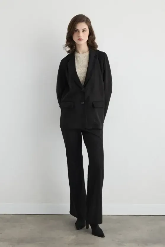 Faux Suede Blazer Jacket - Black - Gusto