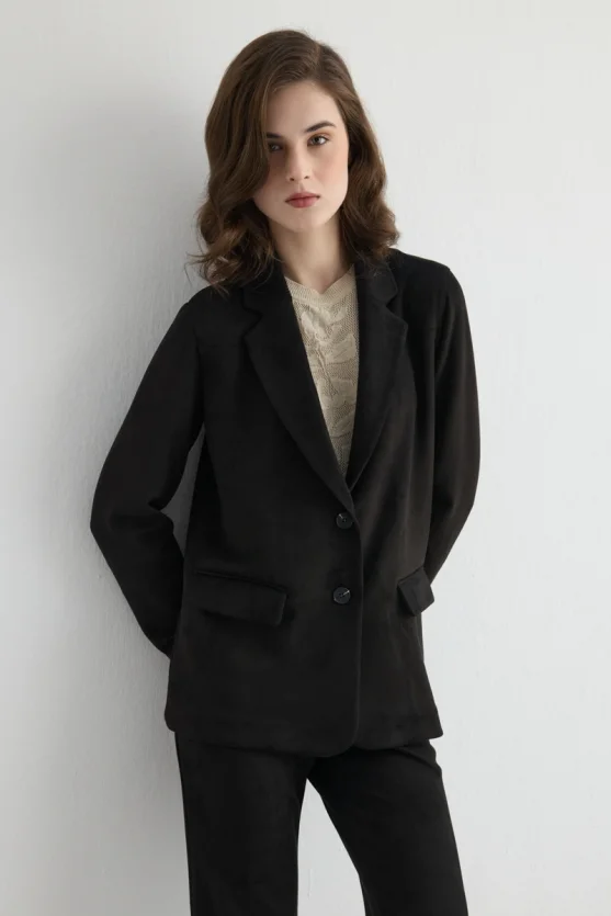 Faux Suede Blazer Jacket Black - 1