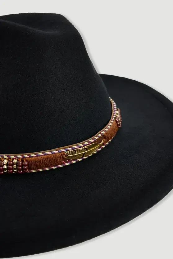 Faux Suede Fedora Hat with Accessory - Black - 3