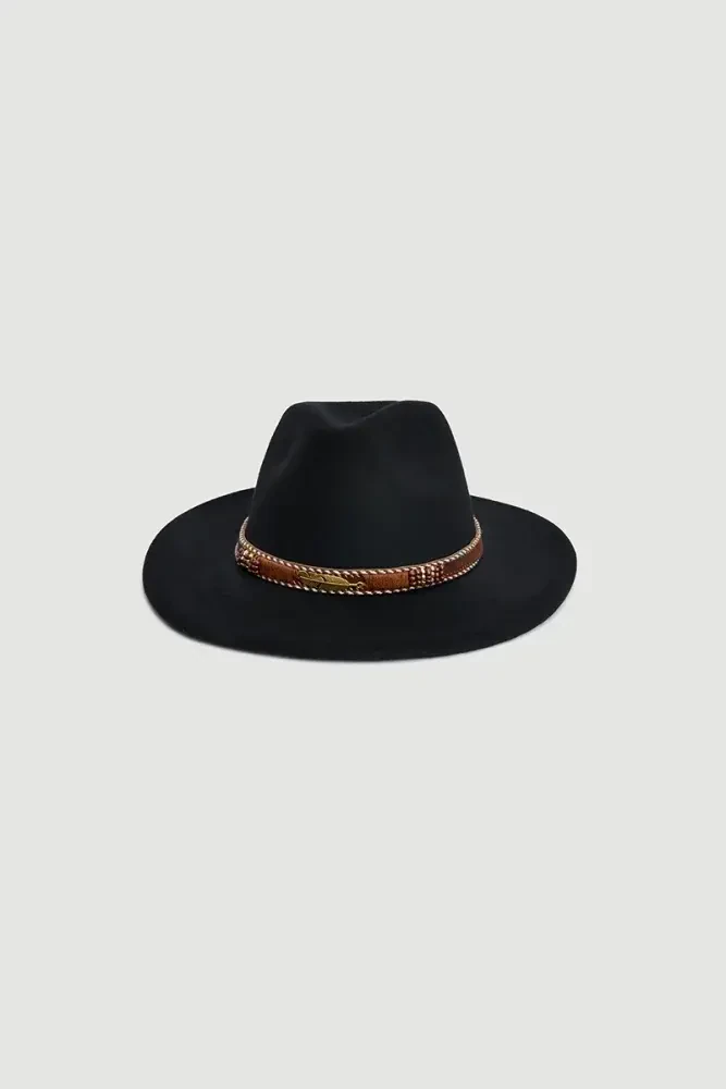 Faux Suede Fedora Hat with Accessory - Black Black