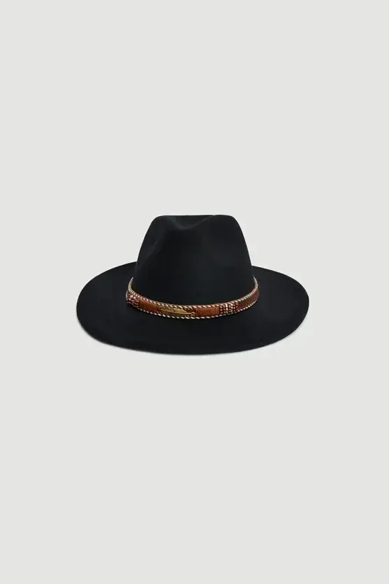 Faux Suede Fedora Hat with Accessory - Black - 1