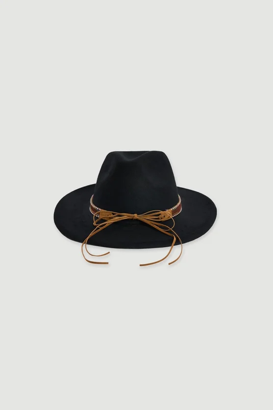 Faux Suede Fedora Hat with Accessory Black - Gusto