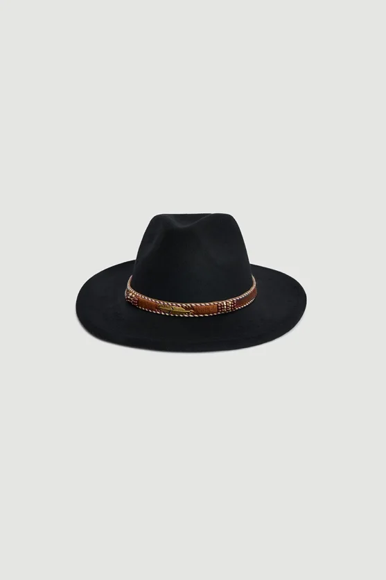 Faux Suede Fedora Hat with Accessory Black - 1