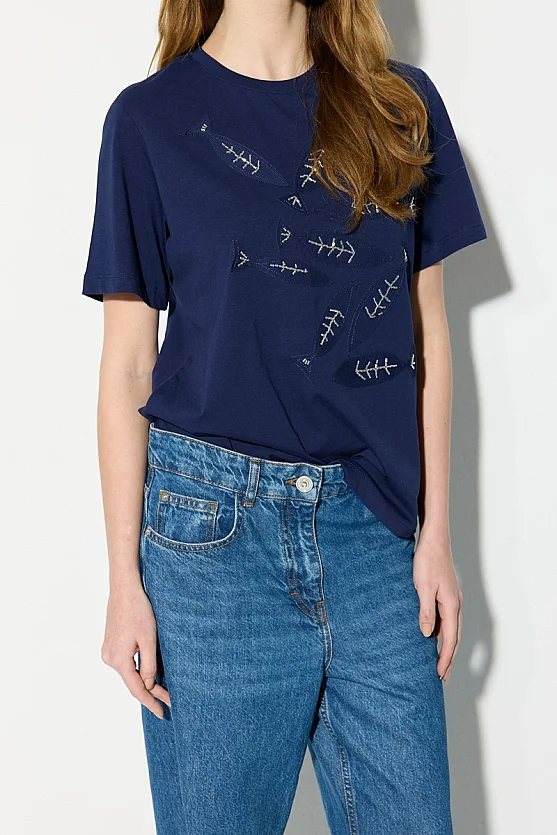 Fish-Themed Beaded Cotton T-Shirt - Navy Blue - Gusto