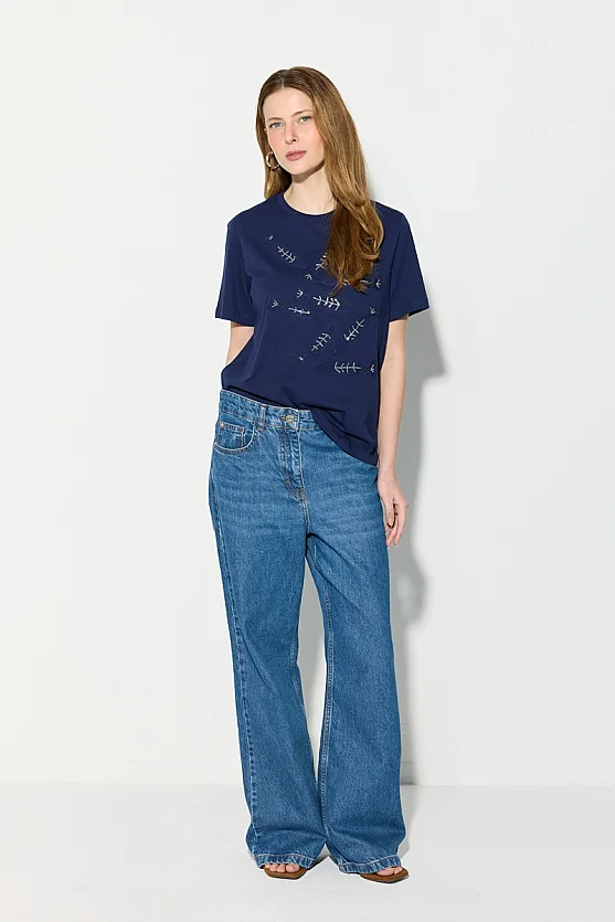 Fish-Themed Beaded Cotton T-Shirt - Navy Blue - Gusto