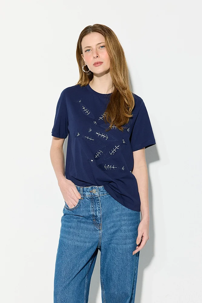 Fish-Themed Beaded Cotton T-Shirt - Navy Blue Navy Blue