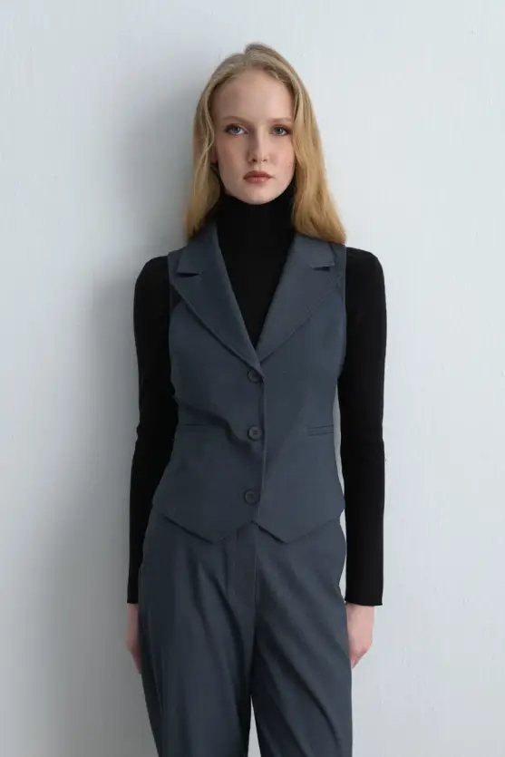 Fitted Fabric Vest Navy Blue - 2