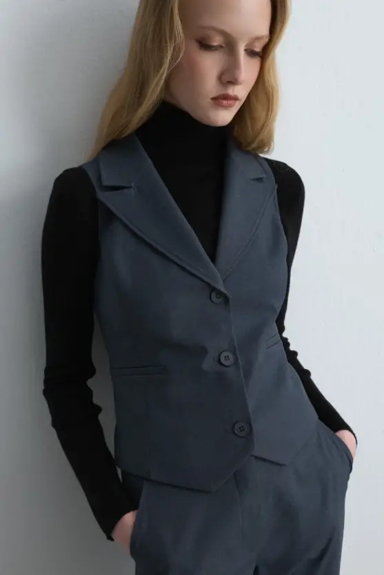 Fitted Fabric Vest Navy Blue - 3