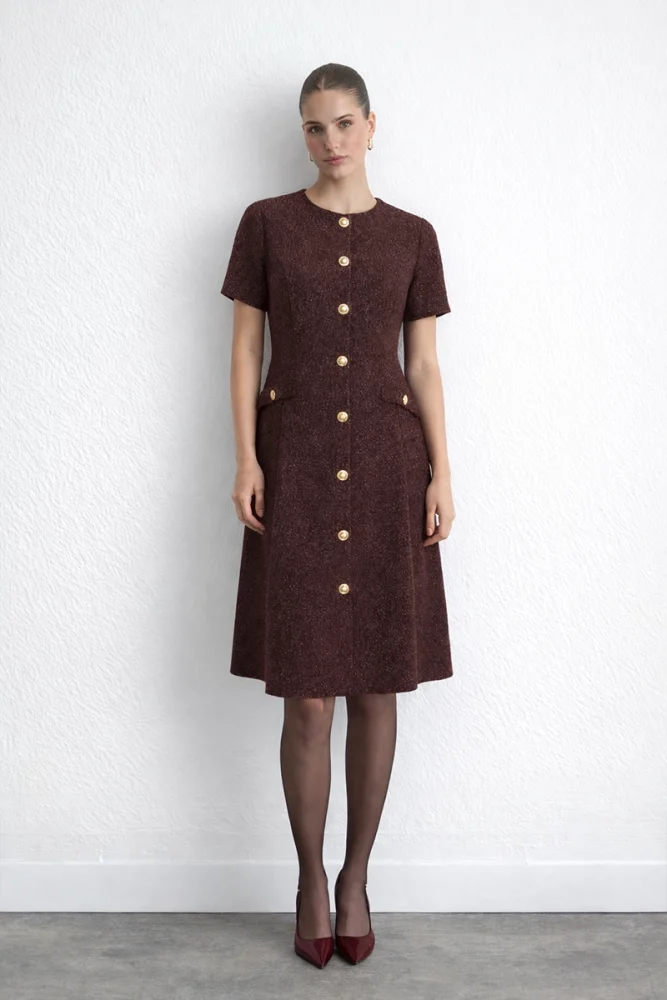 Fitted Midi Twill Dress Burgundy