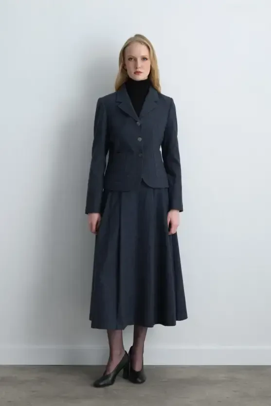 Fitted Wool Jacket - Navy Blue - Gusto