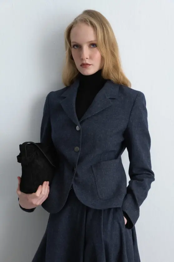 Fitted Wool Jacket Navy Blue - 4