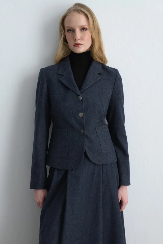 Fitted Wool Jacket Navy Blue - 1