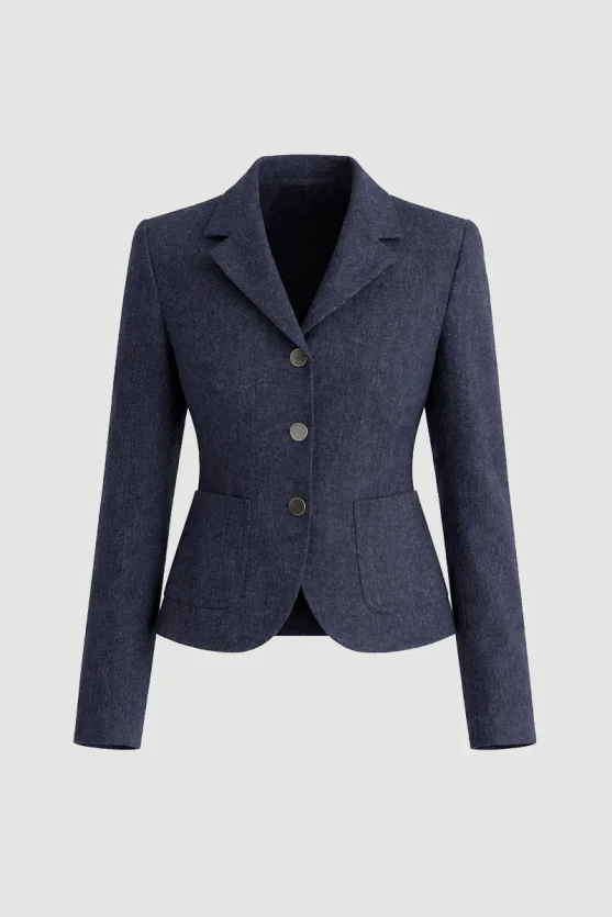 Fitted Wool Jacket Navy Blue - 6