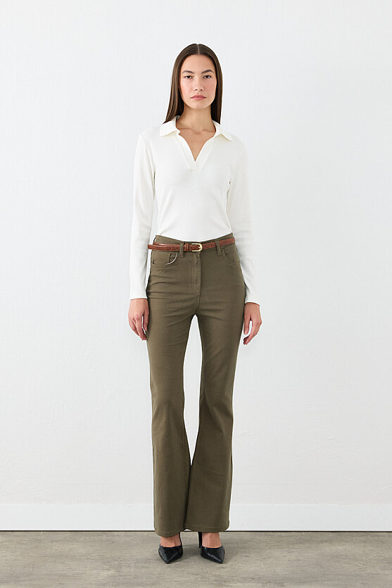 Flare-Fit Canvas Trousers - Khaki - 1