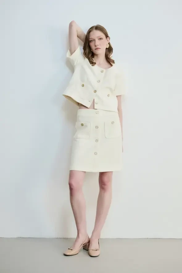 Flared Cut Cotton Tweed Skirt - Ecru - 2