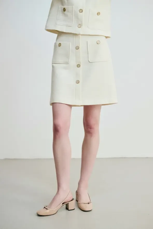 Flared Cut Cotton Tweed Skirt - Ecru - 3