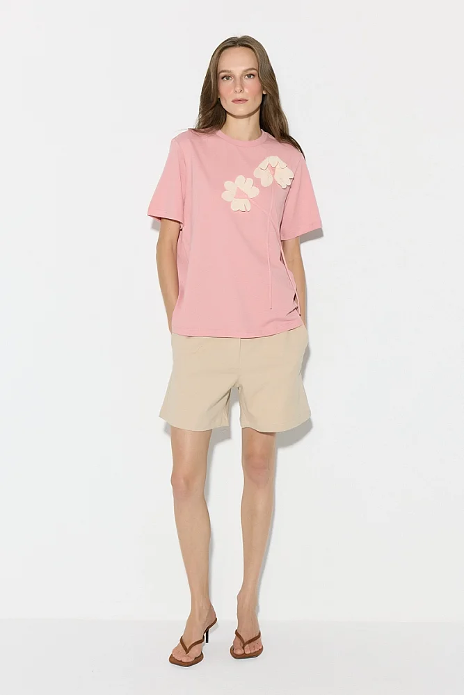 Floral Appliqué Cotton T-Shirt - Pink