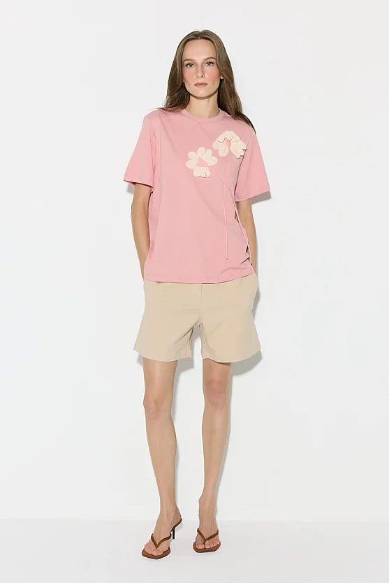 Floral Appliqué Cotton T-Shirt - Pink - 1